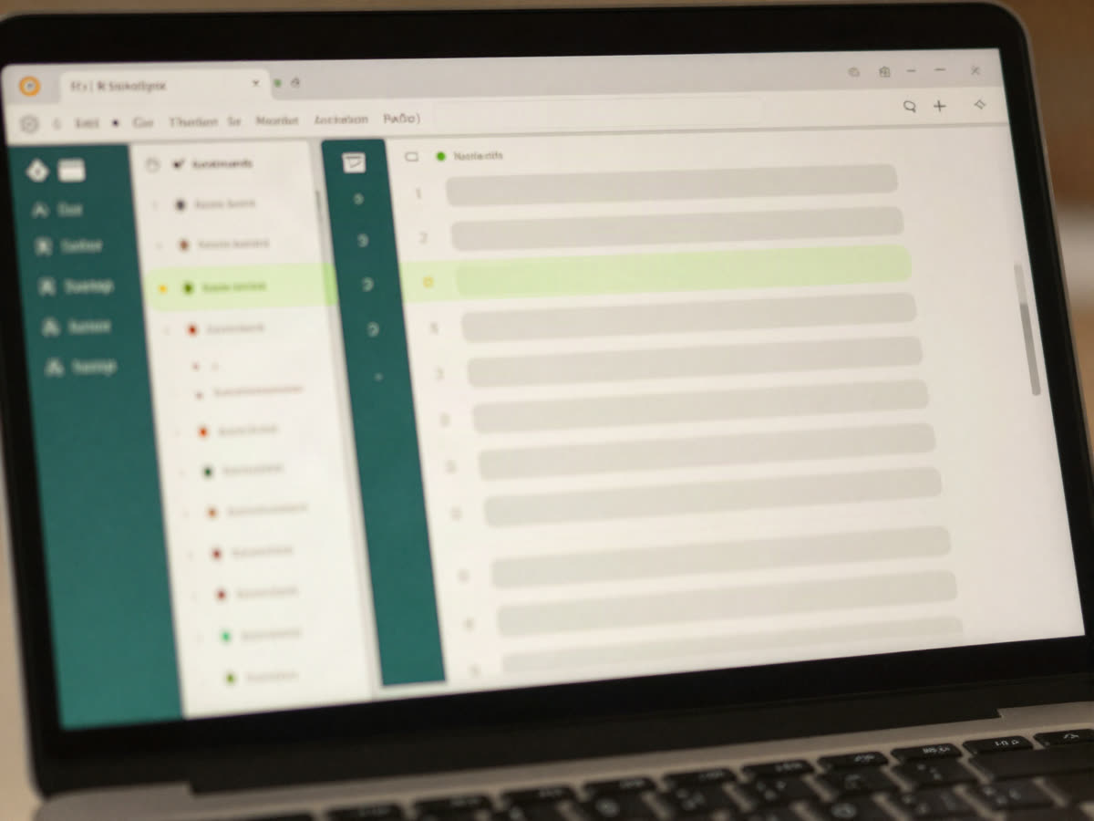 A laptop screen showing an inbox dashboard with sorted rows and one highlighted message