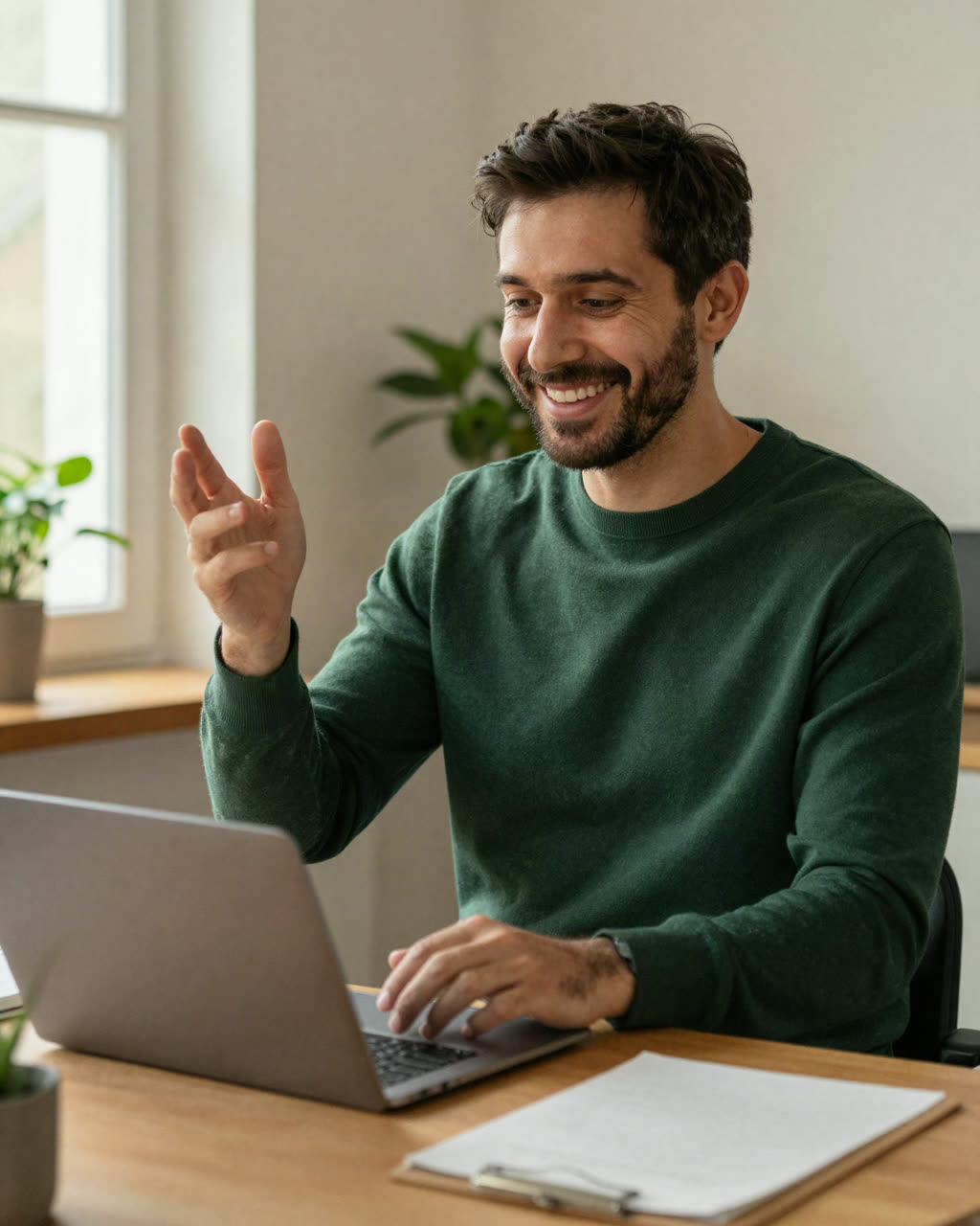 Your Name working at a laptop in a sunlit home office